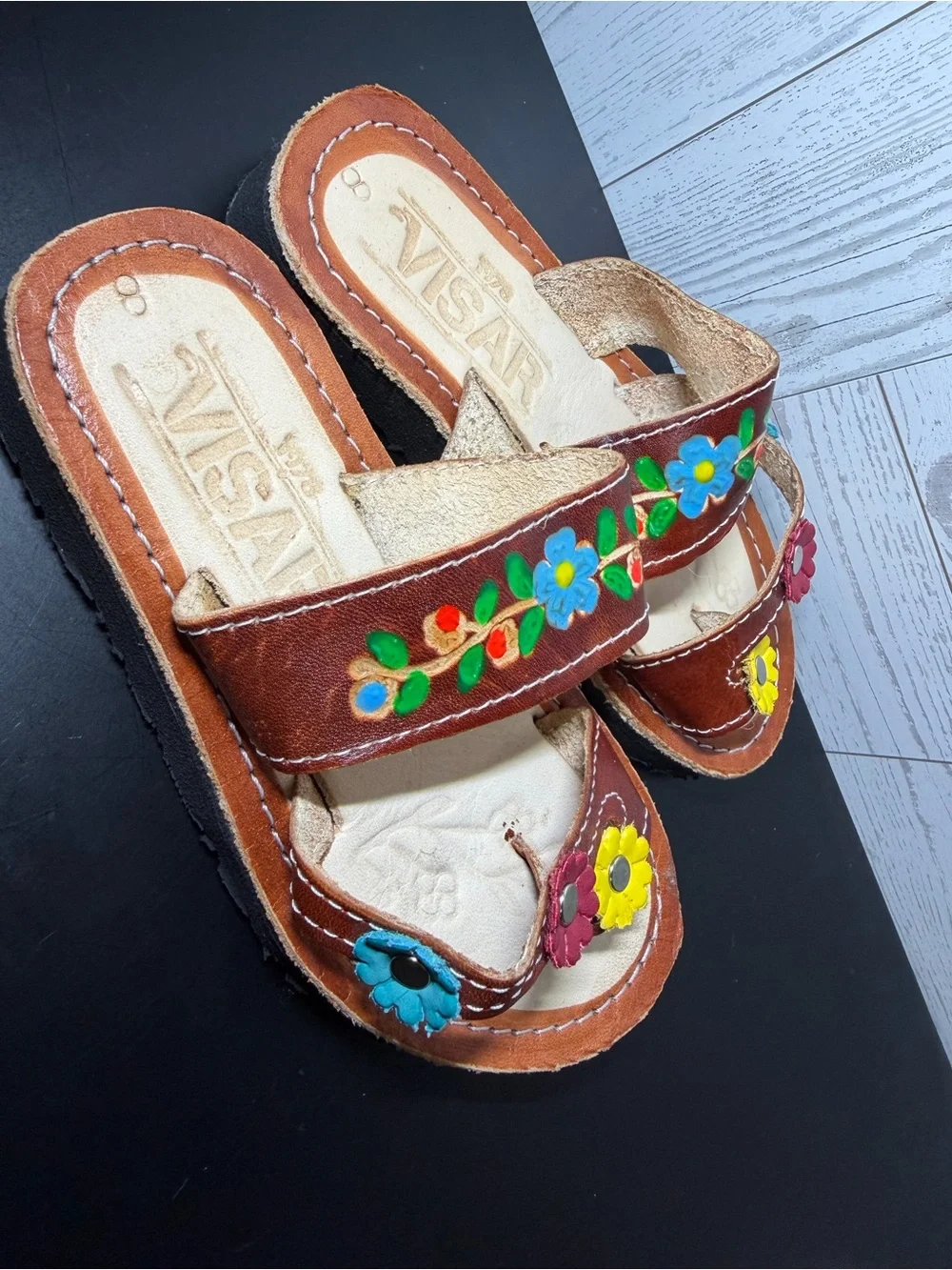 Kids Brown Leather Floral Sandals Size 8 Hand Painted Boho Slip On